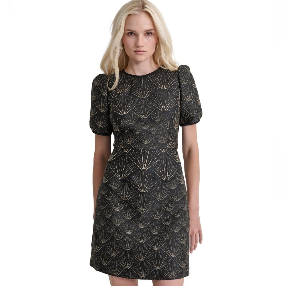 DKNY NWT Puffed Sleeve Brocade Black w Gold Starburst Jeweled Mini Dress